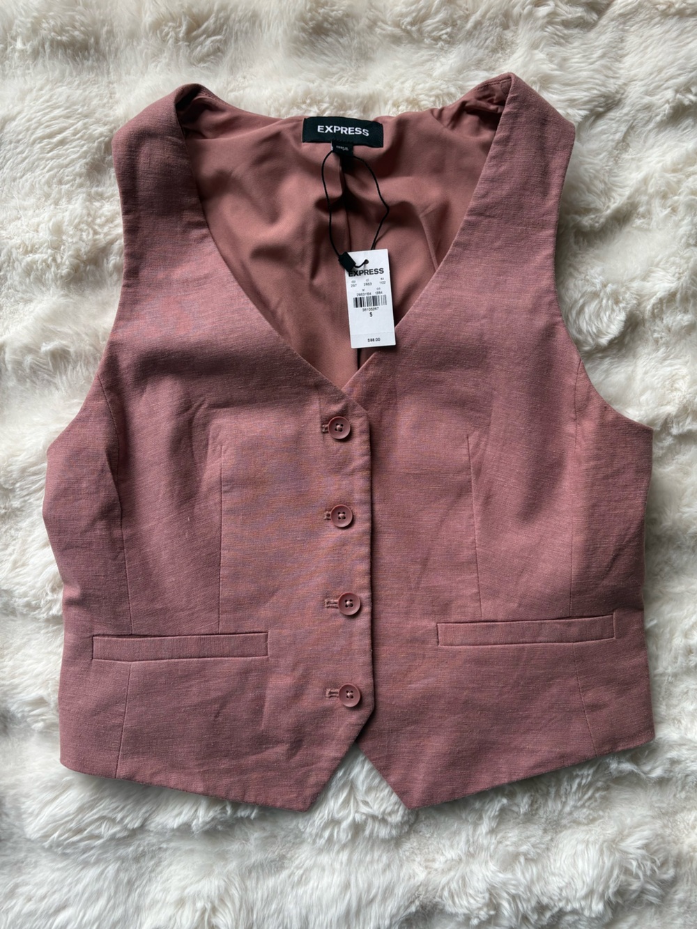 Express Dusty Rose Linen-Blend Button Front Vest